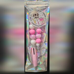 Pink and White Beaded Badge Reel & Pen Set